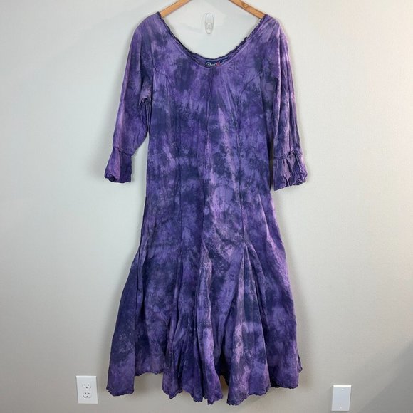 Vintage Phool Maxi Dress Large Purple 3/4 Sleeve Tie Dye Hippie Boho Cotton - Picture 1 of 11